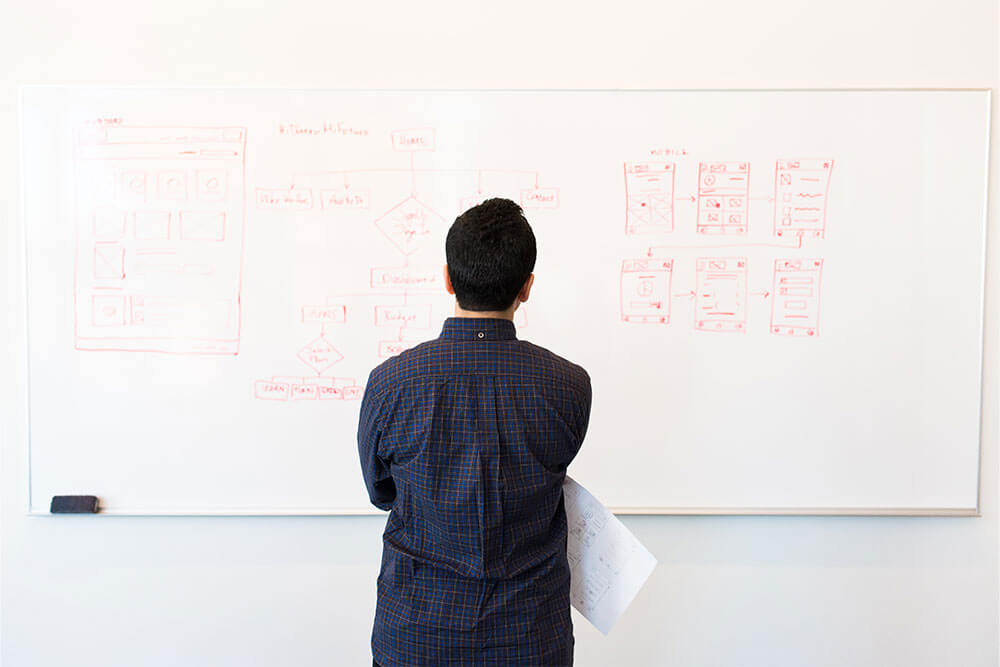 man standing in front of a website wireframe